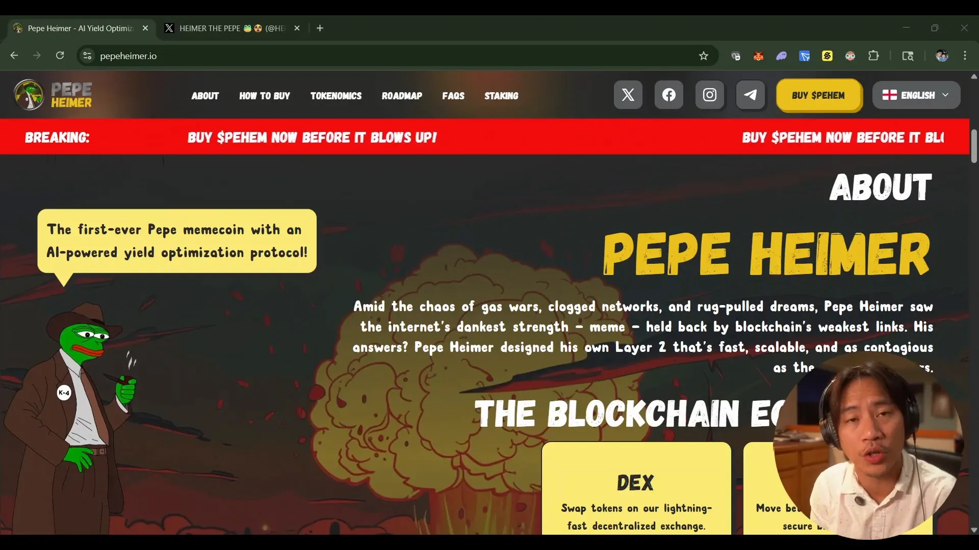 Landing page of Pepe Hymer showcasing Ethereum blockchain hype