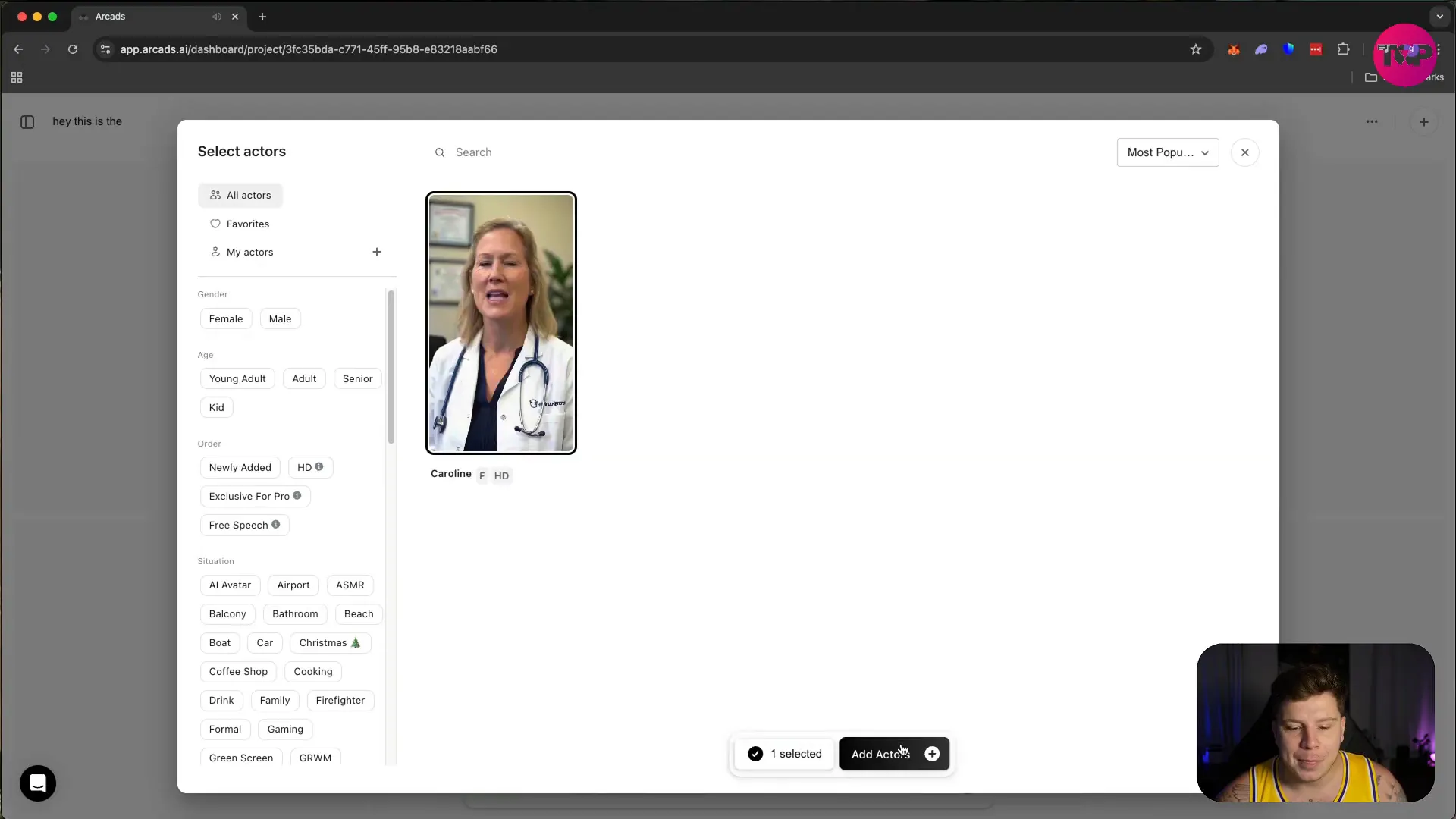 Selected talking actor 'Caroline' in the Arcads dashboard