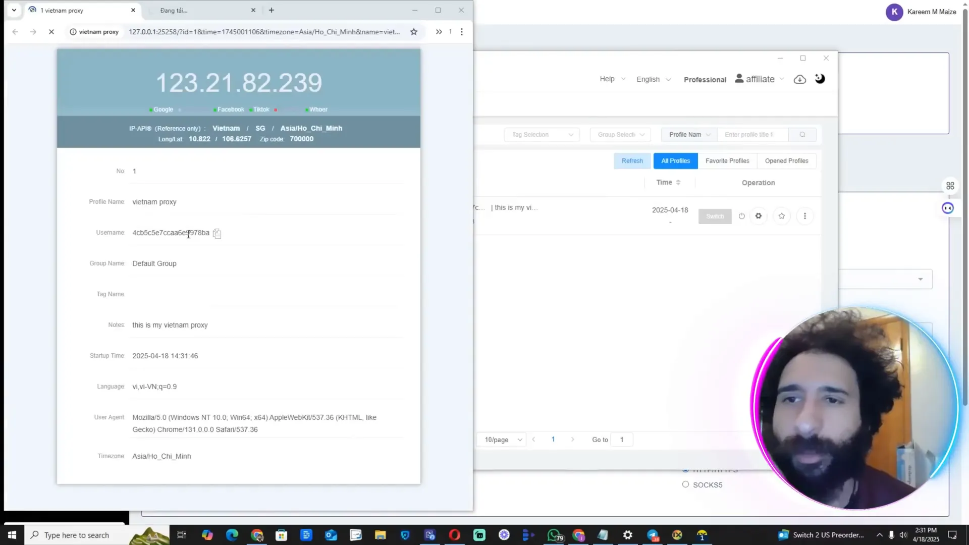 IXBrowser showing active residential proxy connection in Vietnam
