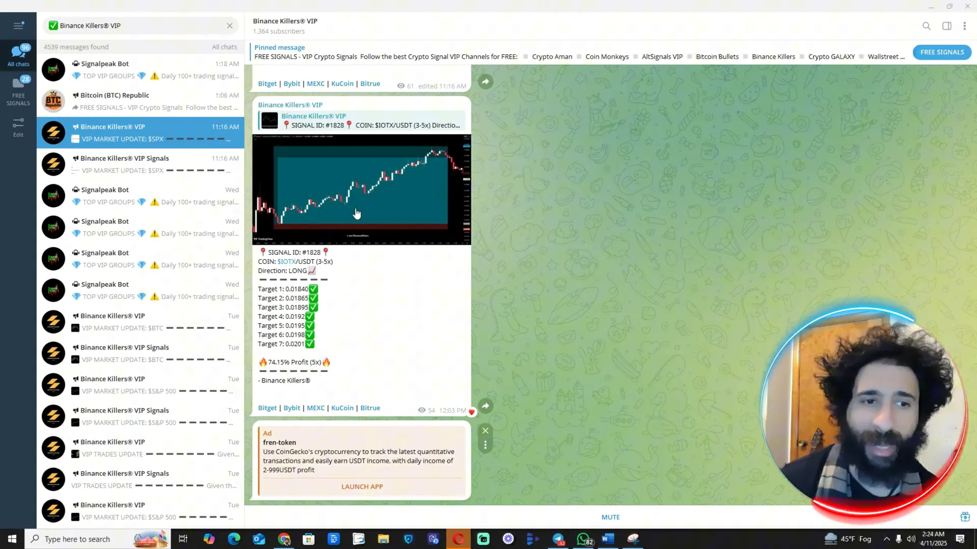SignalPeak bot showing detailed Binance Killers VIP trading signals