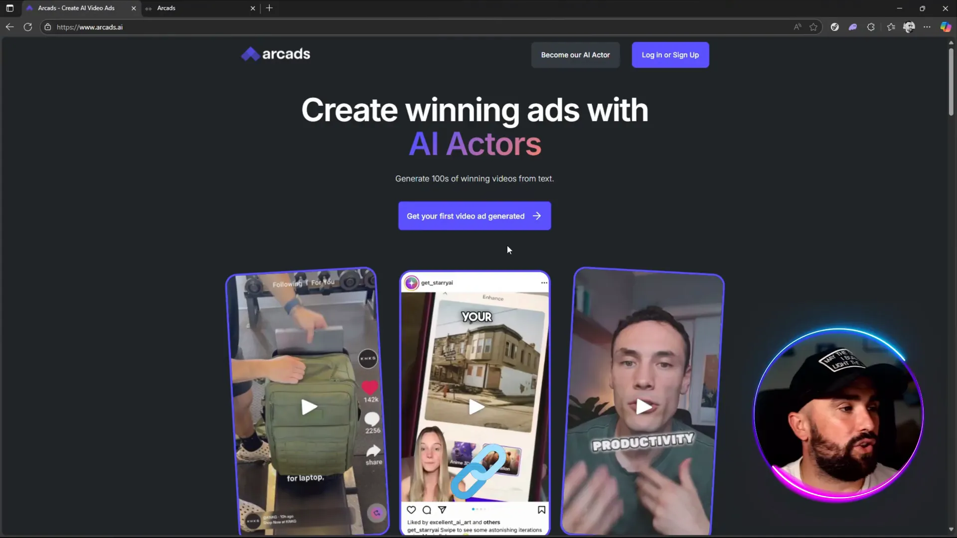 Arcads.ai website homepage showing demo ad thumbnails