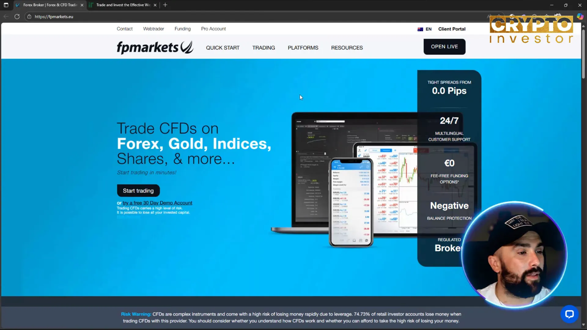 FP Markets homepage showing spreads and supported assets
