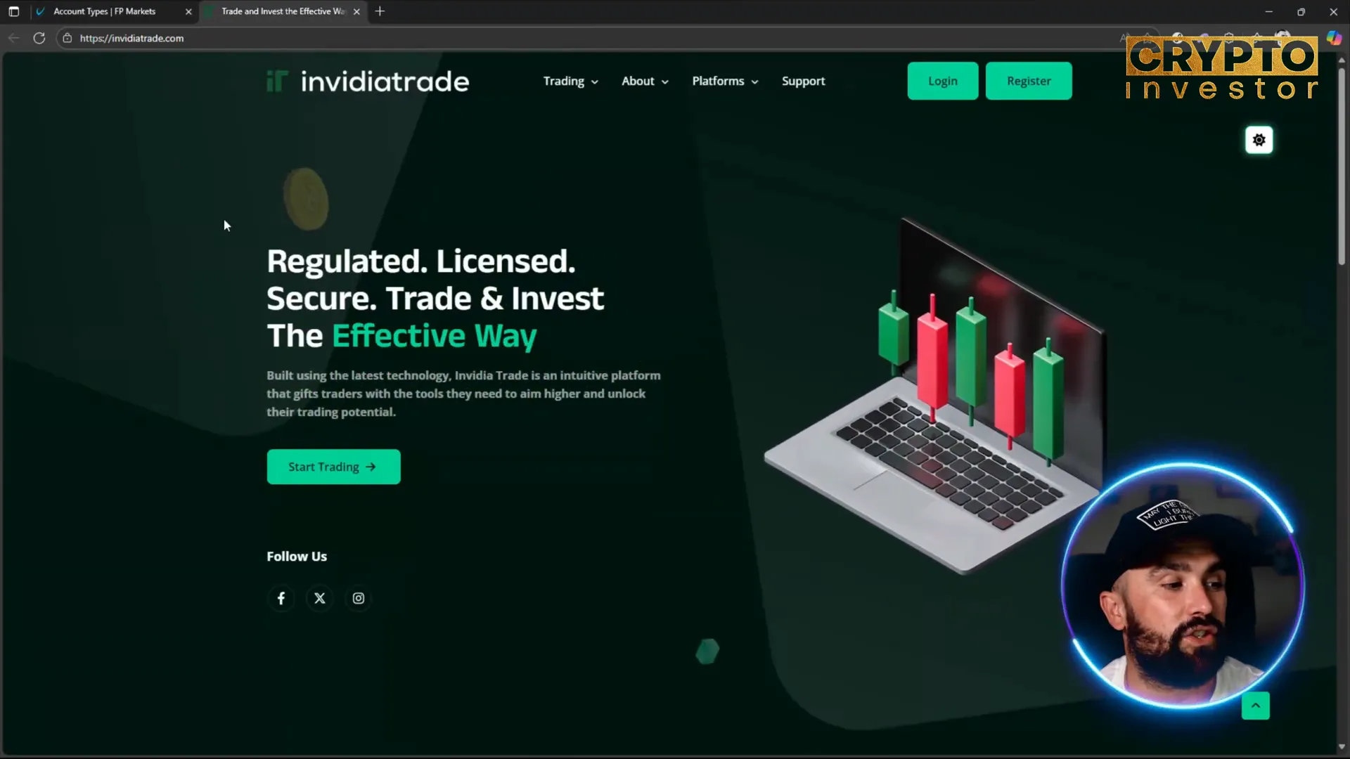 Invidia Trade homepage highlighting regulation and funding options