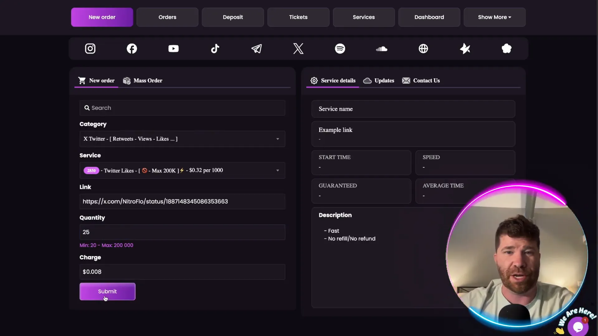 Placing a new order on SMMGo.io dashboard