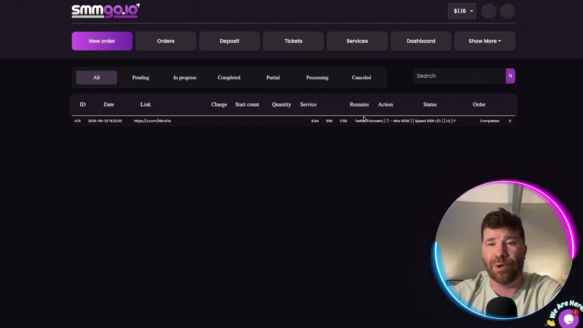 SMMGo.io dashboard showing deposit and order history