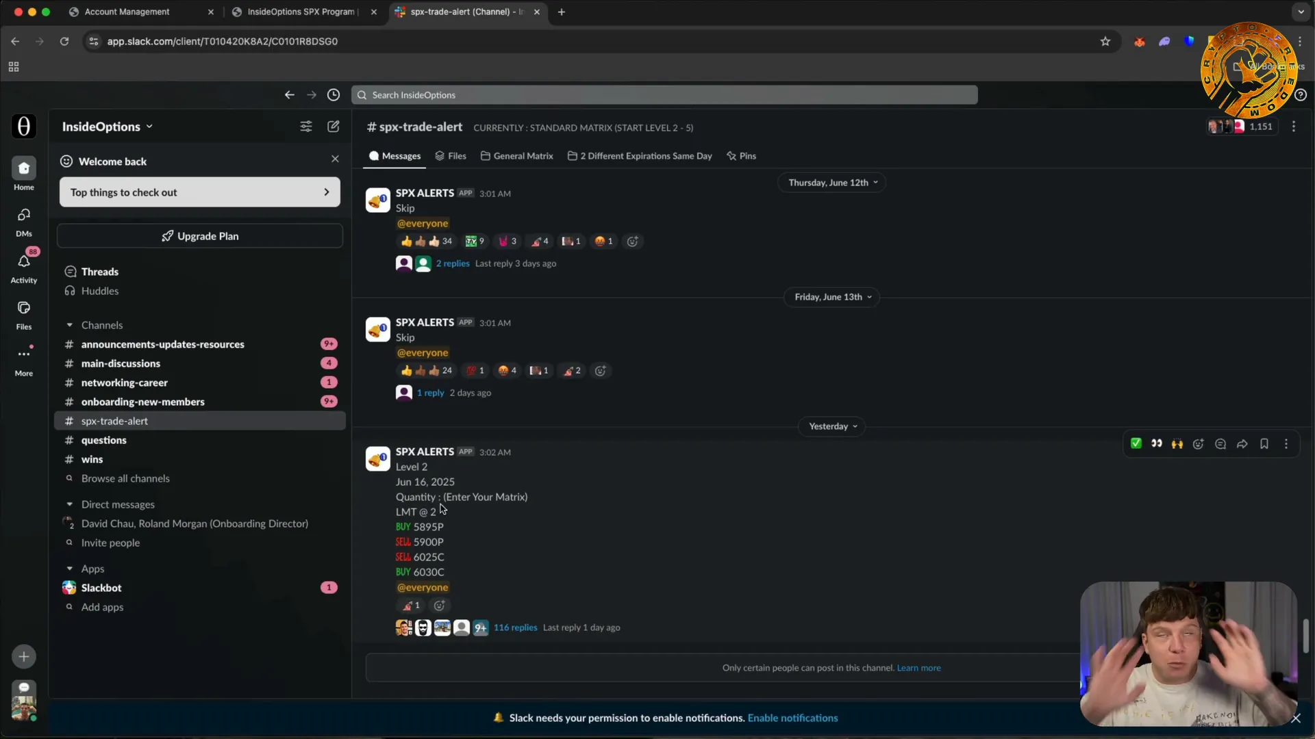 Slack group showing trade alerts and instructions