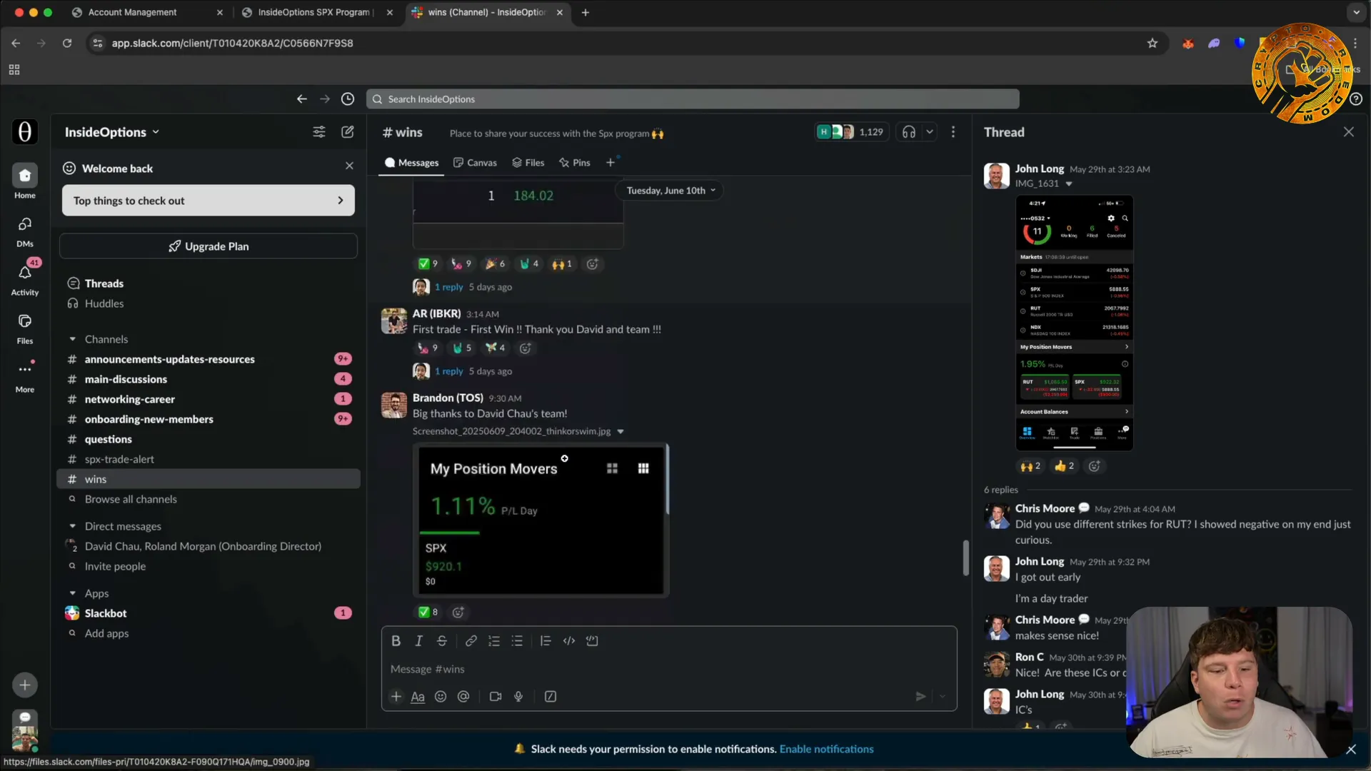 Slack channel showing multiple trading profits and win streaks