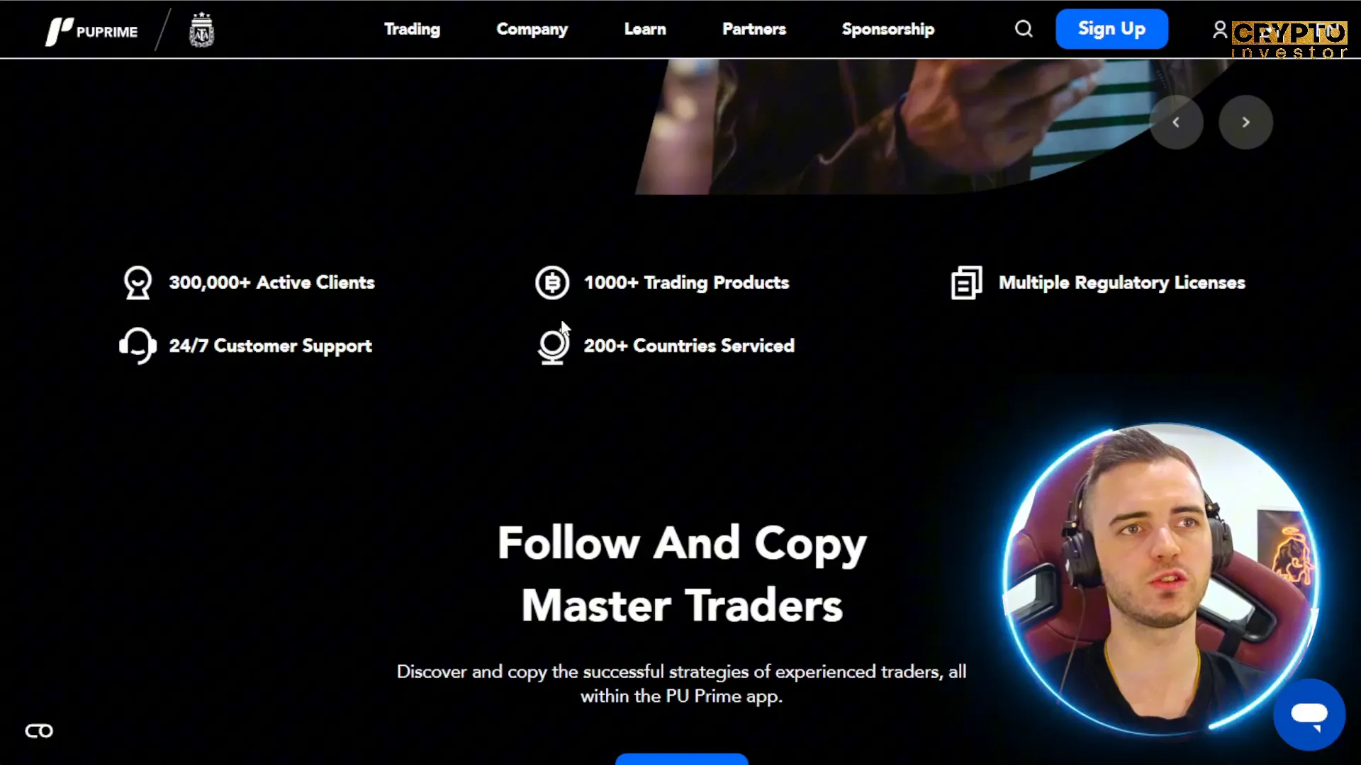 PU Prime trading platform homepage showing client stats and product range