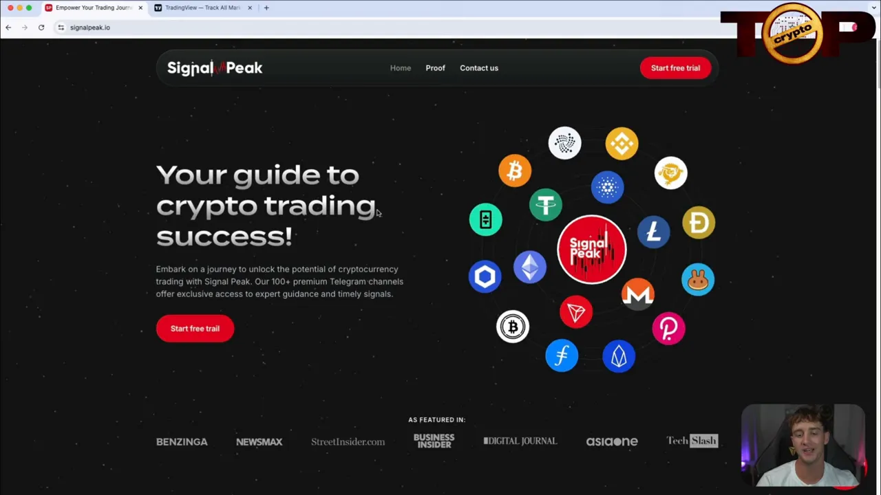 Clear screenshot of SignalPeak homepage hero with prominent 'Your guide to crypto trading success' headline and crypto icons