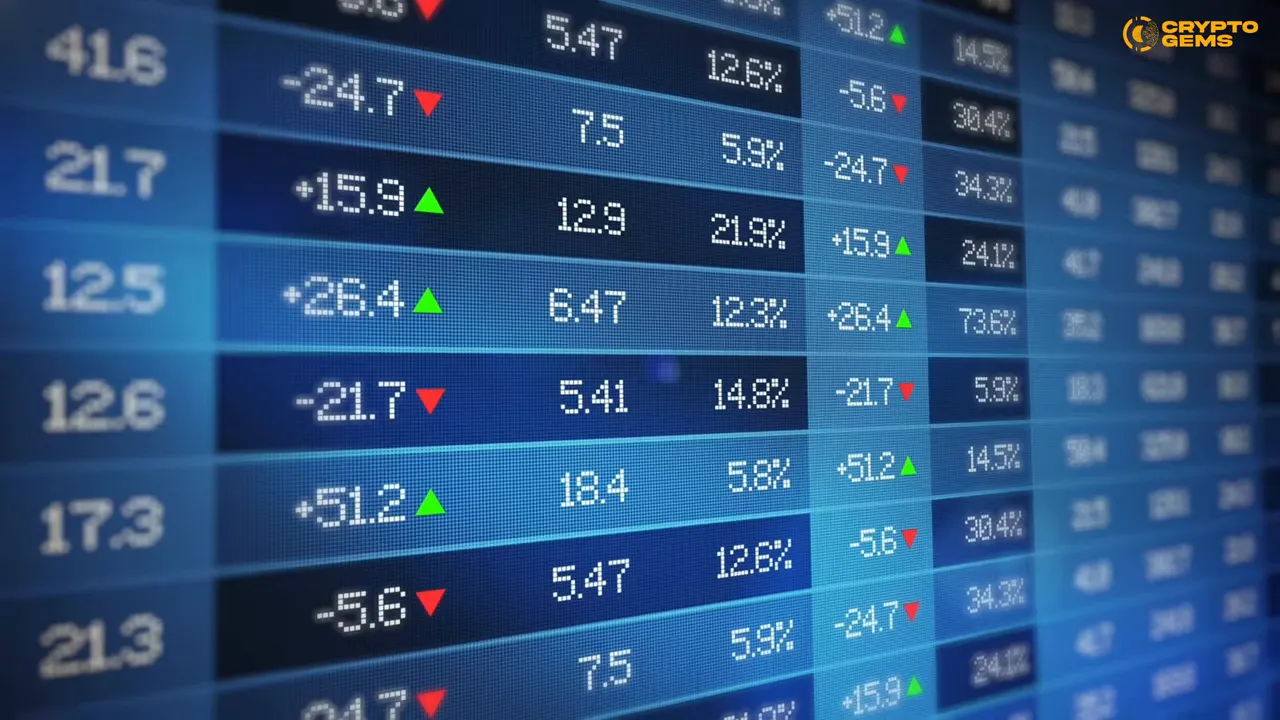 Blue digital market ticker screen showing numeric prices with green and red movement arrows.
