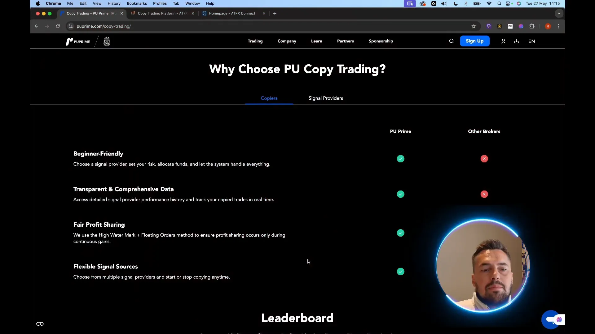 PU Prime copy trading dashboard showing signal providers and copiers