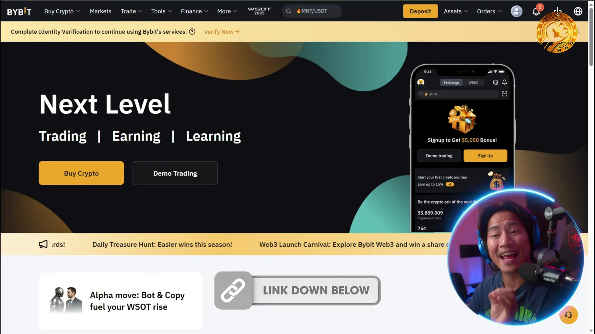 Bybit landing page showing spot markets and trading tabs