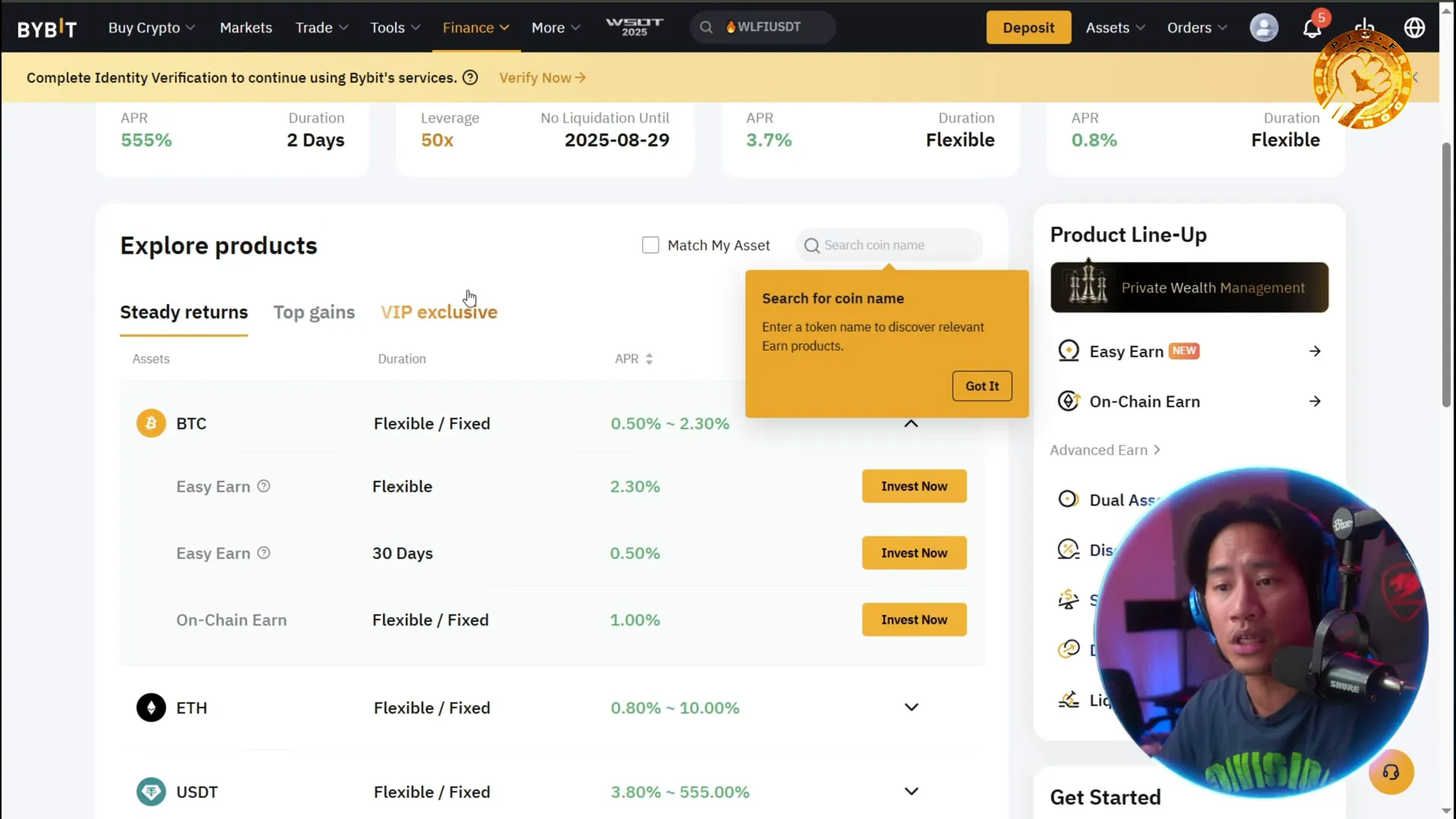 Bybit Earn page showing savings, staking and dual asset options