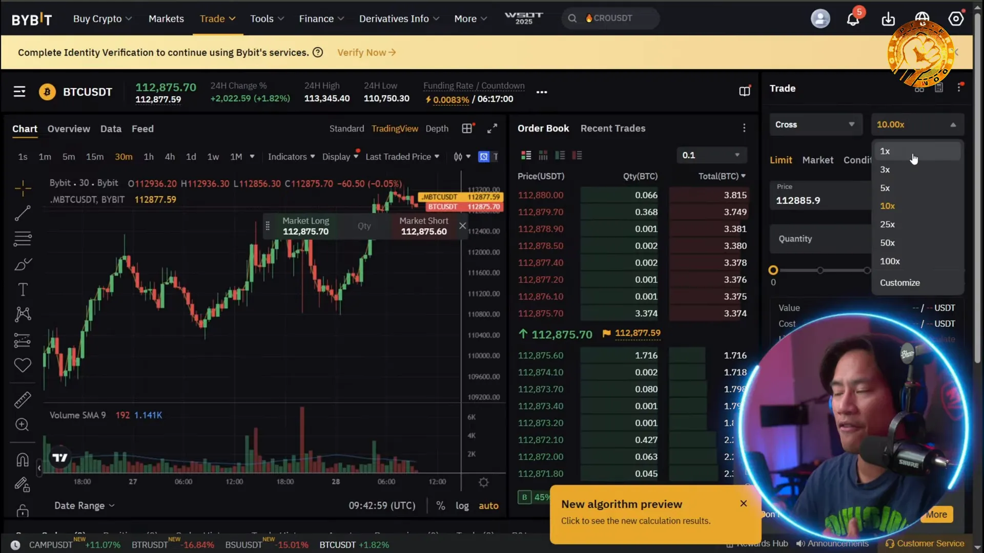 Futures trading interface with leverage slider set to high leverage
