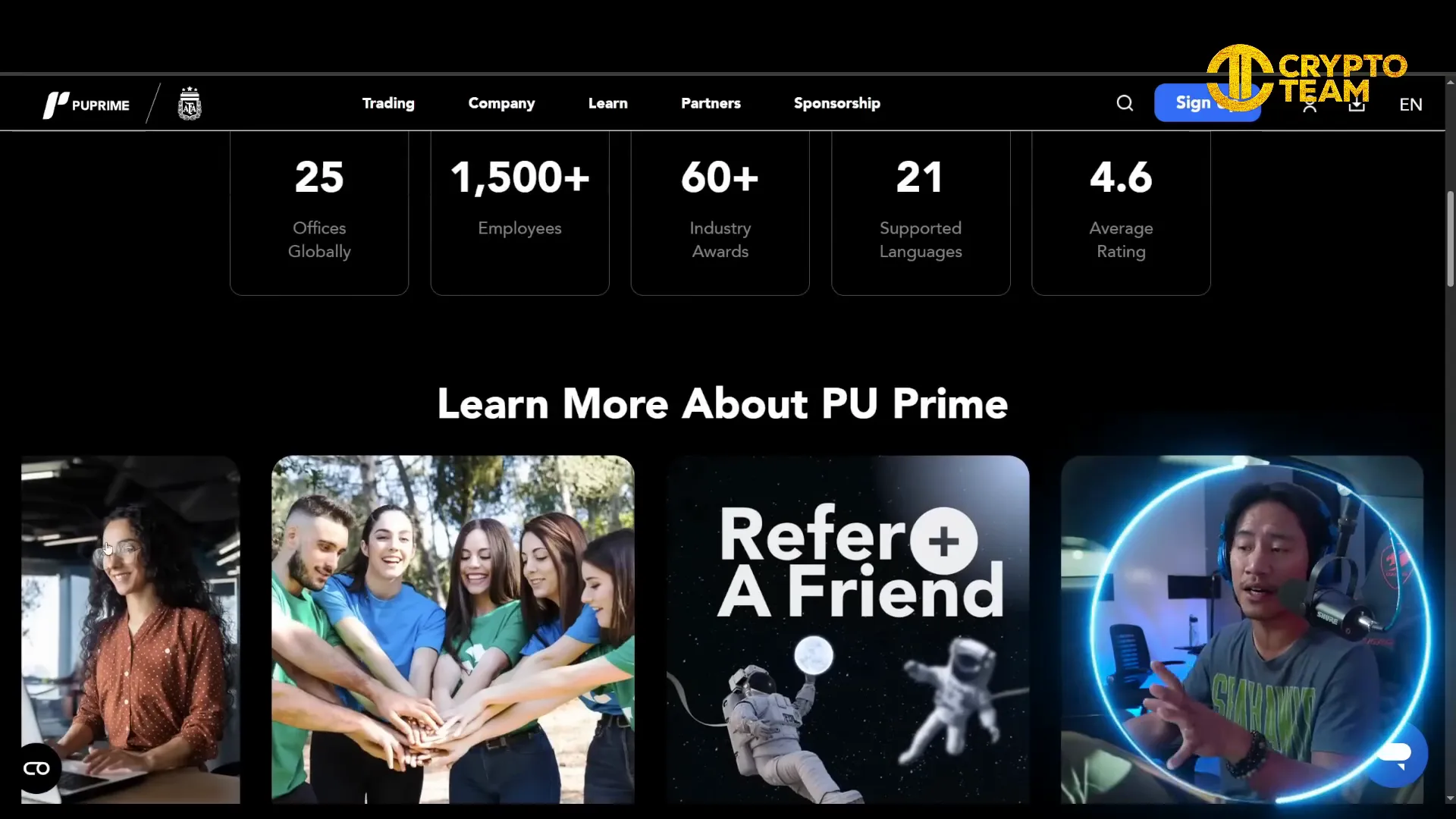 PU Prime website showing about us and trading conditions