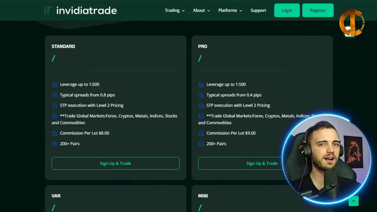 InvidiaTrade account types showing high leverage and low spreads