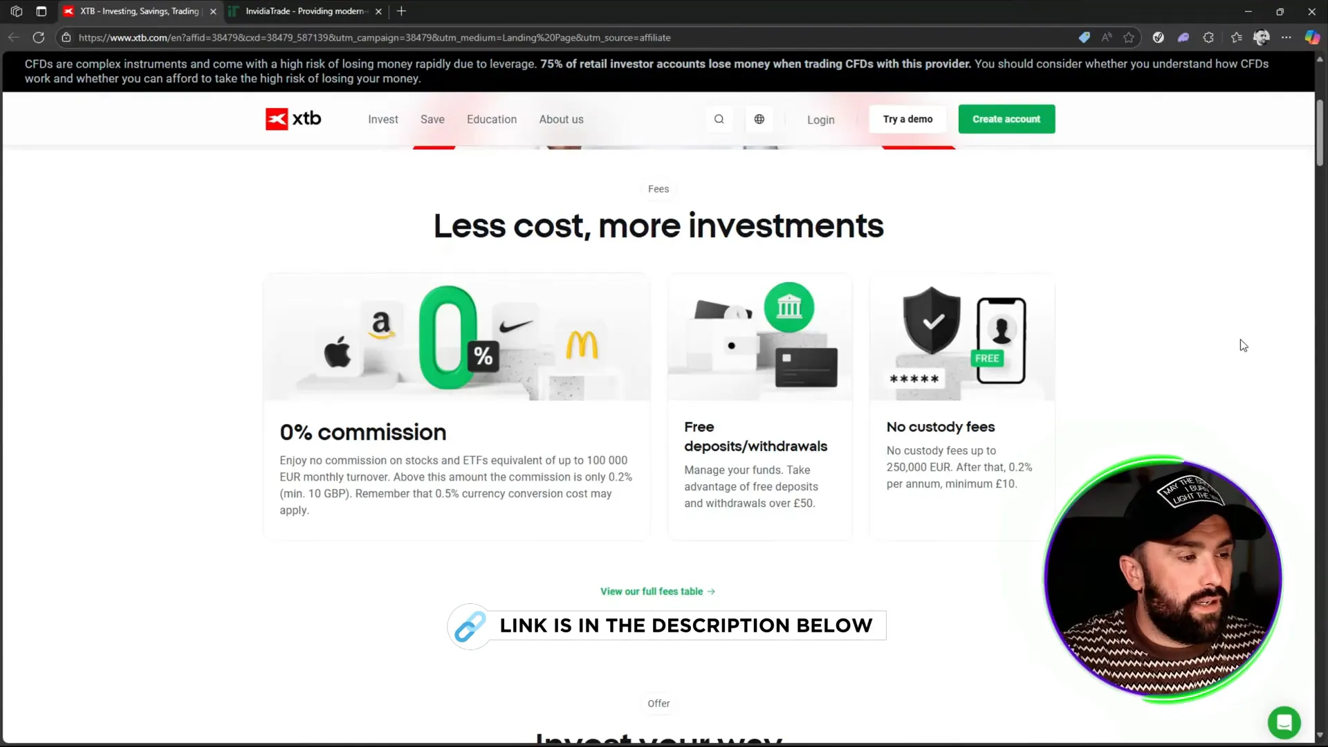 XTB broker clean interface showing zero commission on stocks and ETFs
