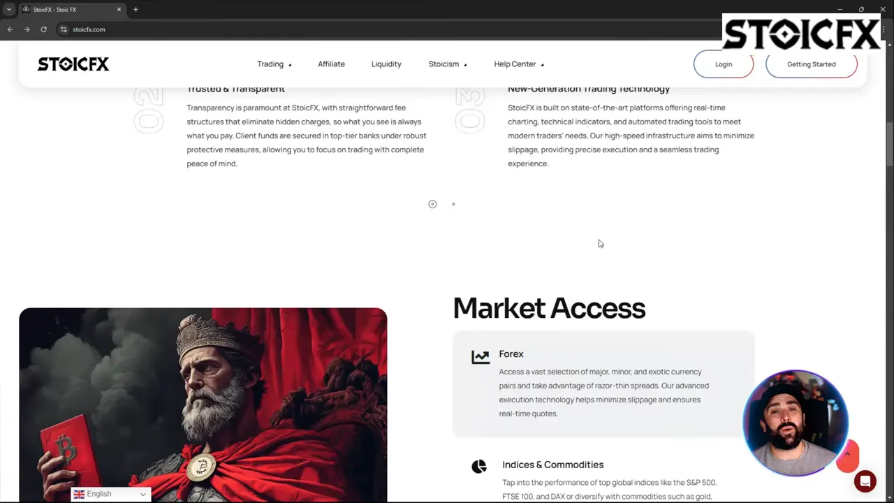 StoicFX website 'Market Access' section with a visible Forex description and site navigation header.