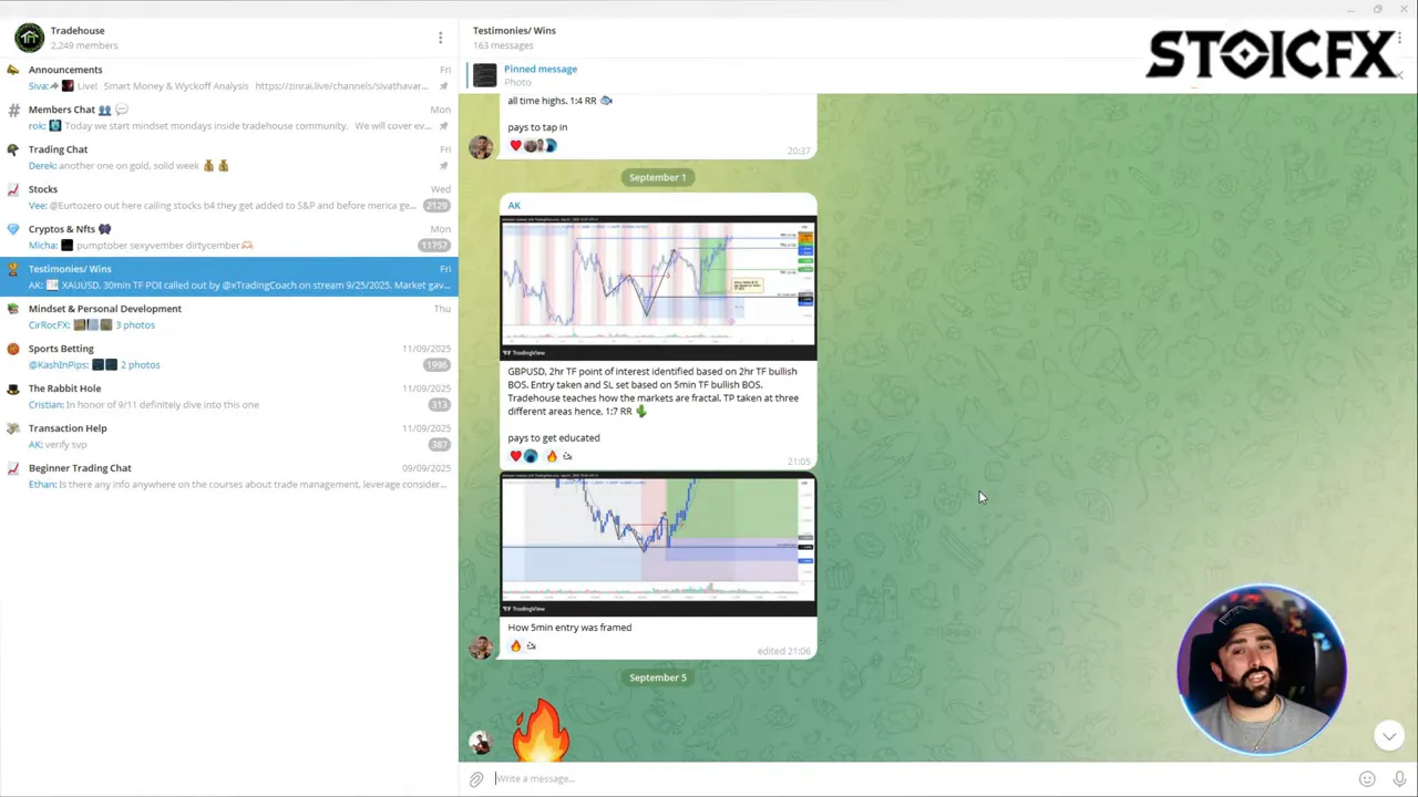 Clean Telegram testimonials channel screenshot showing two clear trading-chart images with descriptive text and member reactions; presenter facecam visible at bottom right.