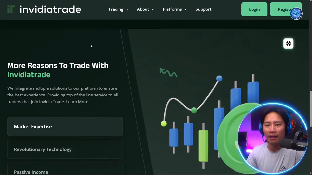 High-clarity InvidiaTrade homepage showing 'More Reasons To Trade With InvidiaTrade', feature boxes, chart graphic and a small presenter overlay
