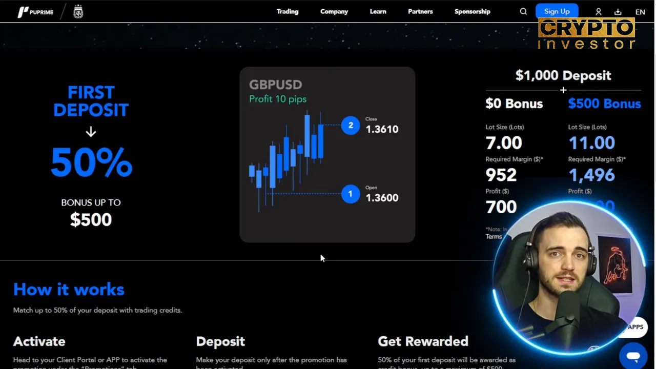 PU Prime 50% first deposit bonus displayed on screen