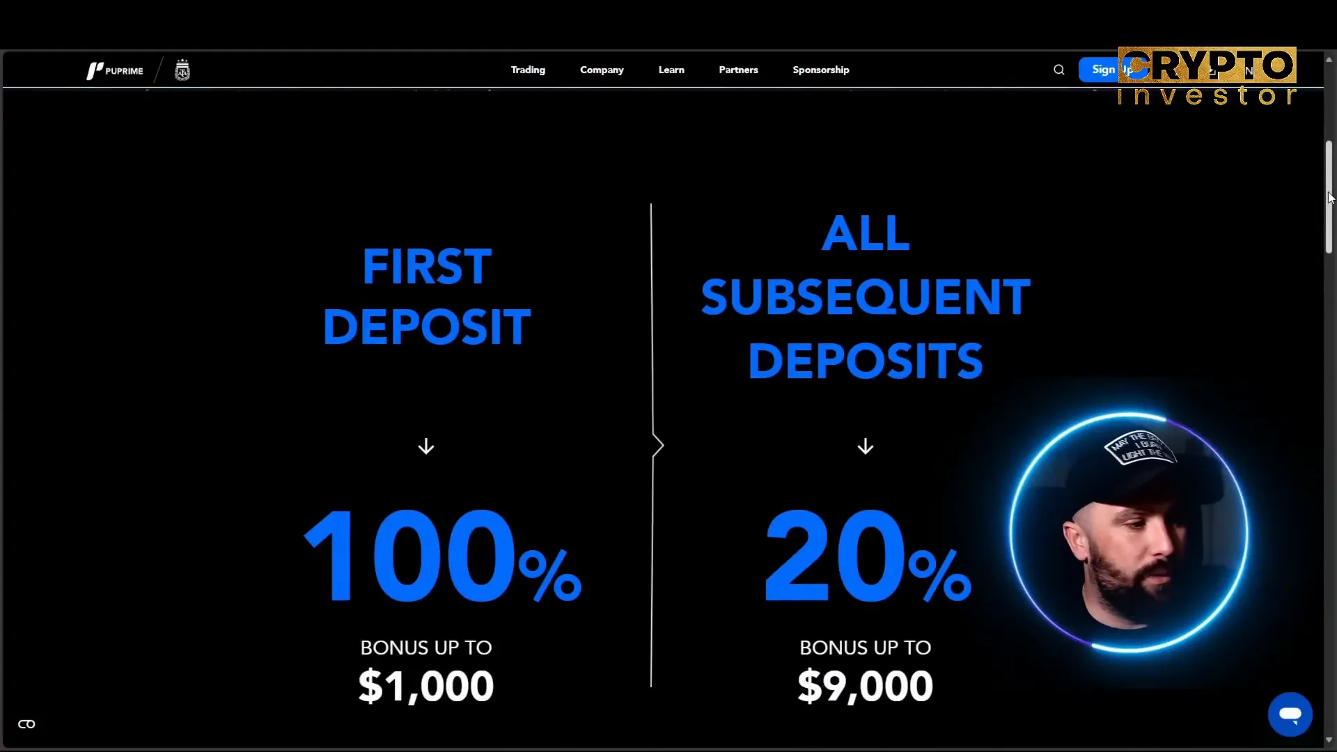 PU Prime 100% Deposit Bonus webpage showing bonus details