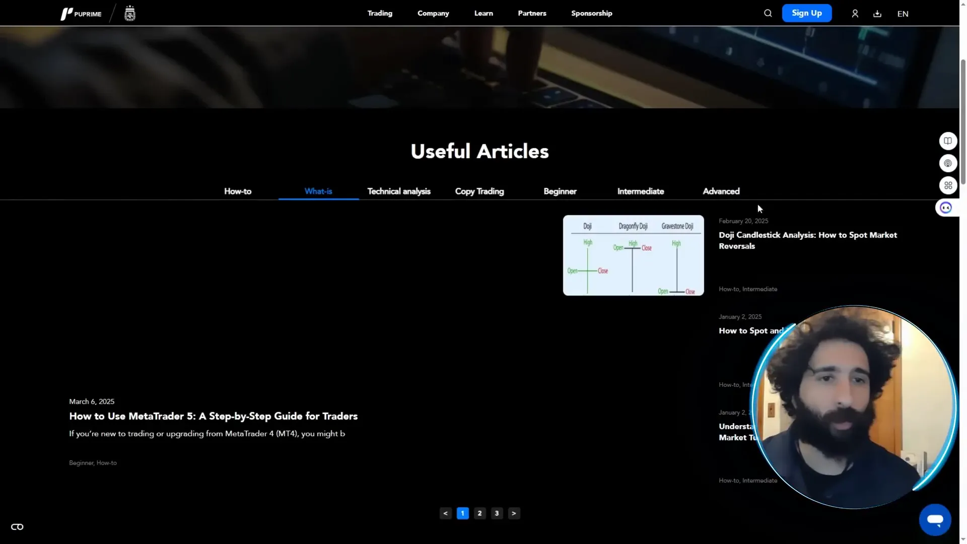 PU Prime Trading Academy interface with courses and quizzes