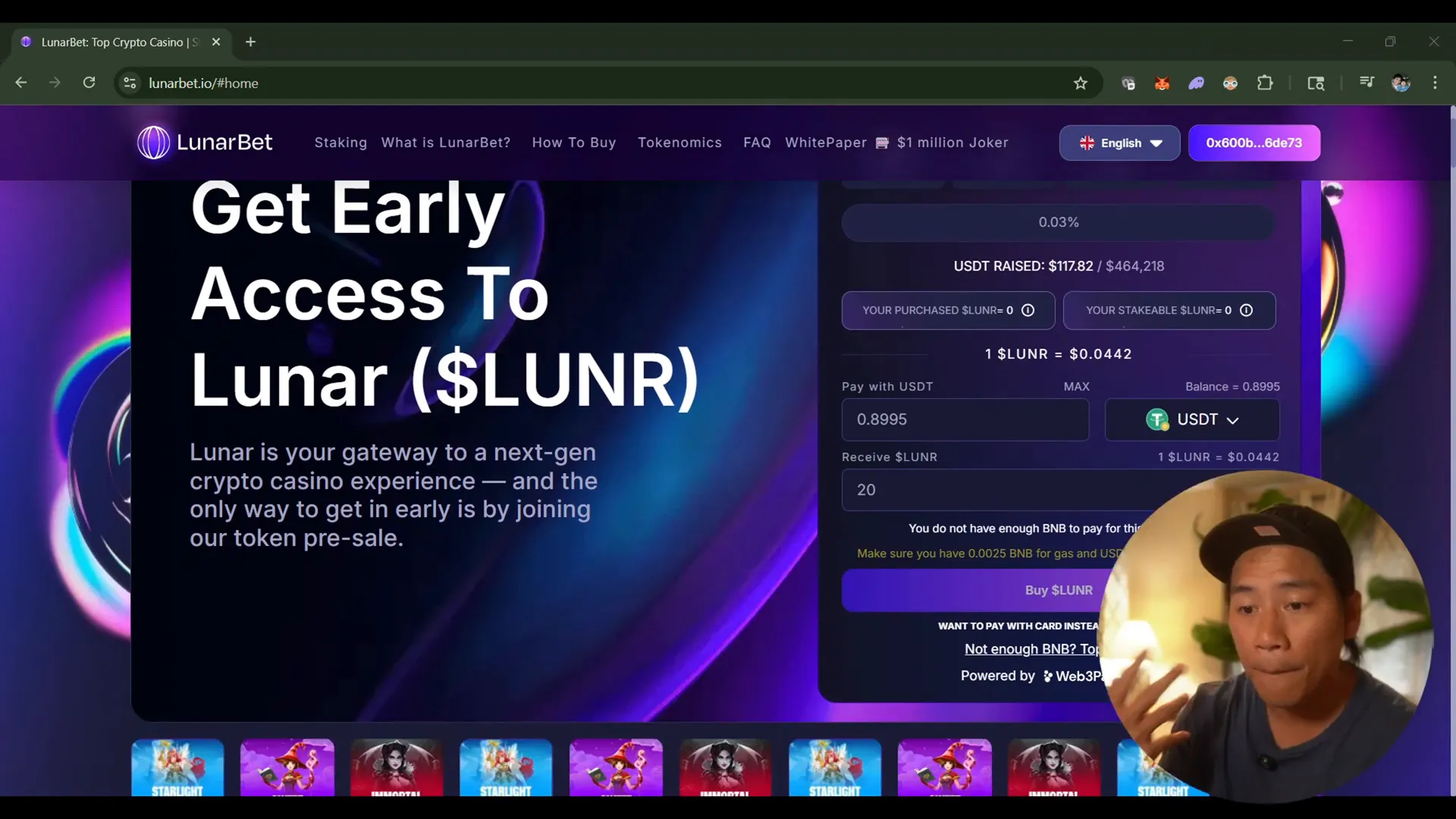 LunarBet landing page showcasing crypto gaming platform