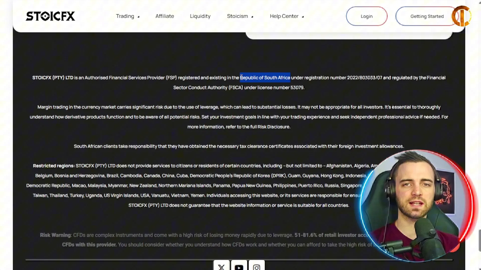 StoicFX regulation details on website