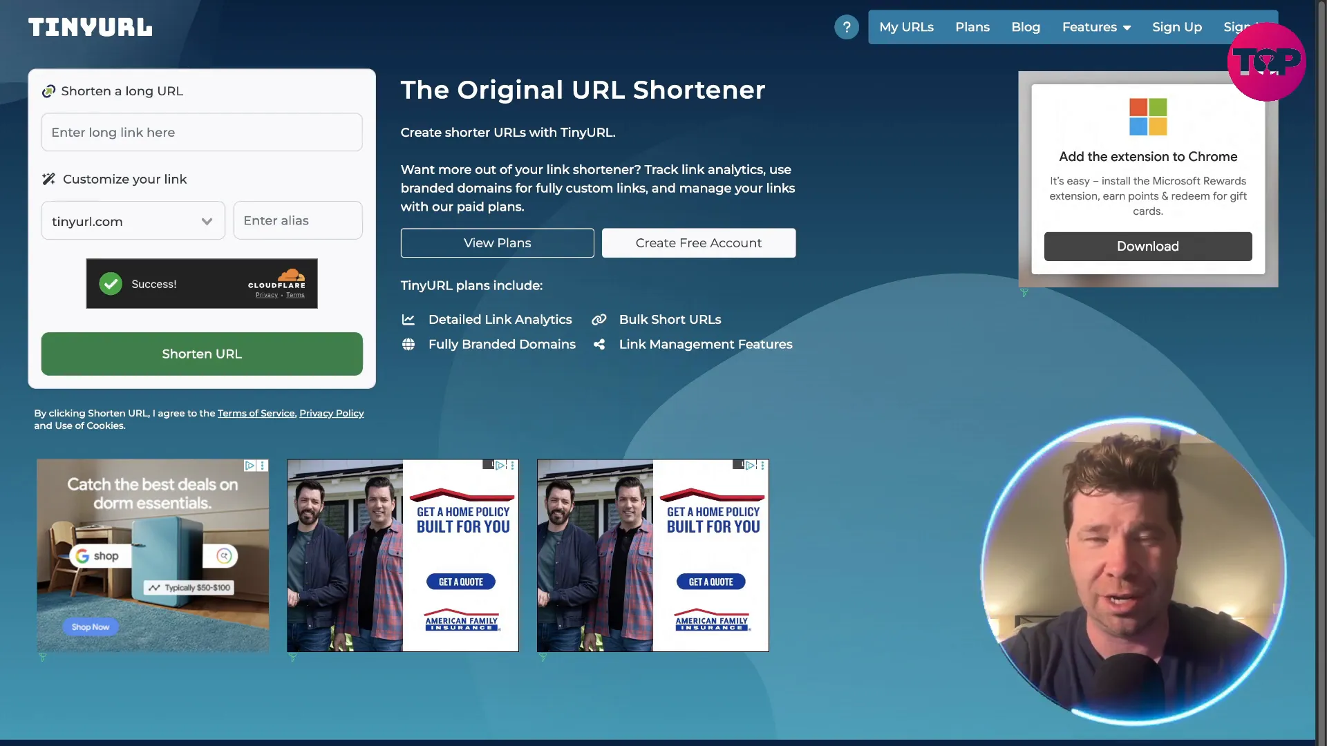 TinyURL landing page with prominent ads covering the interface