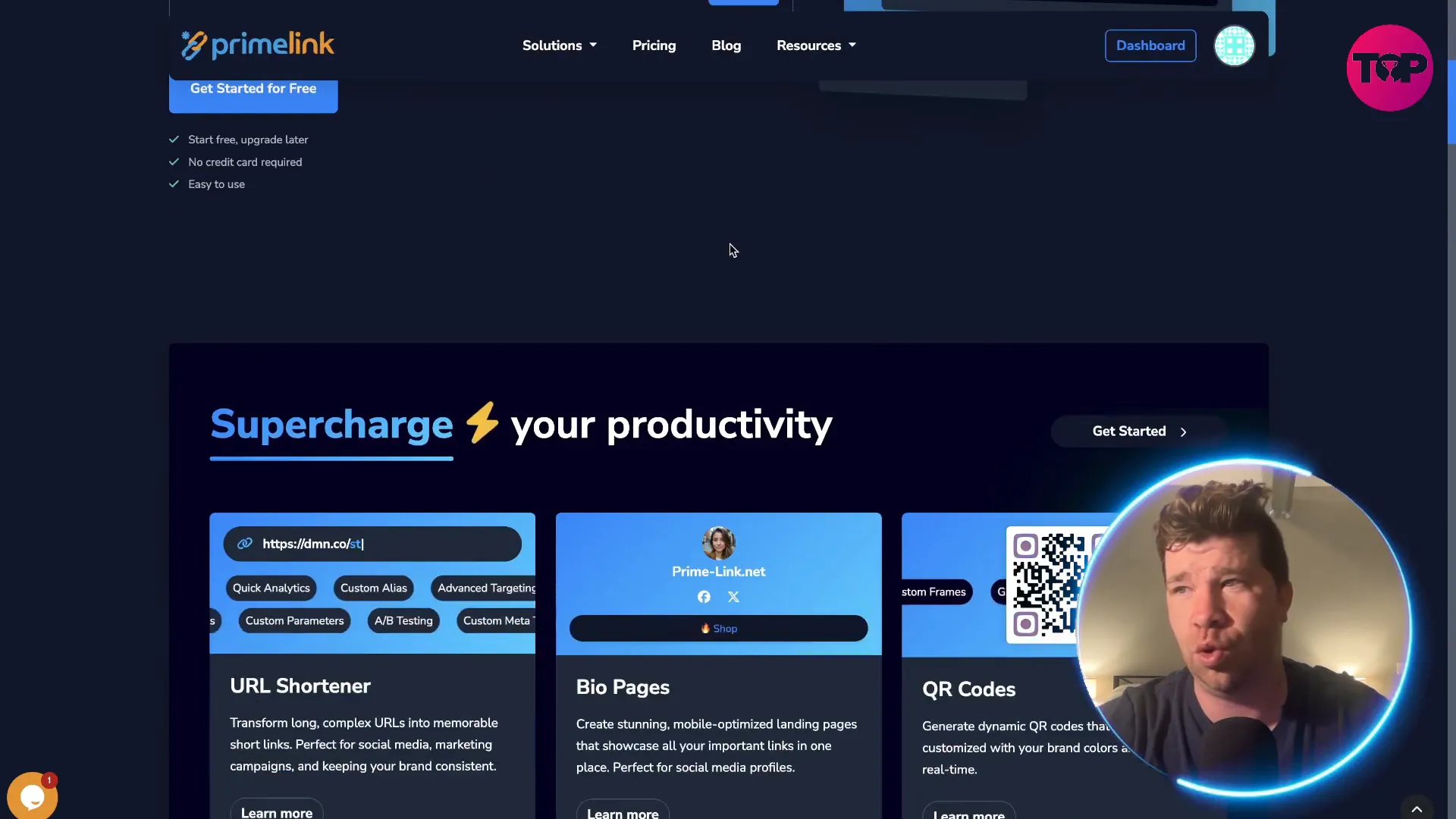 PrimeLink homepage showing URL shortener, bio pages and QR code features