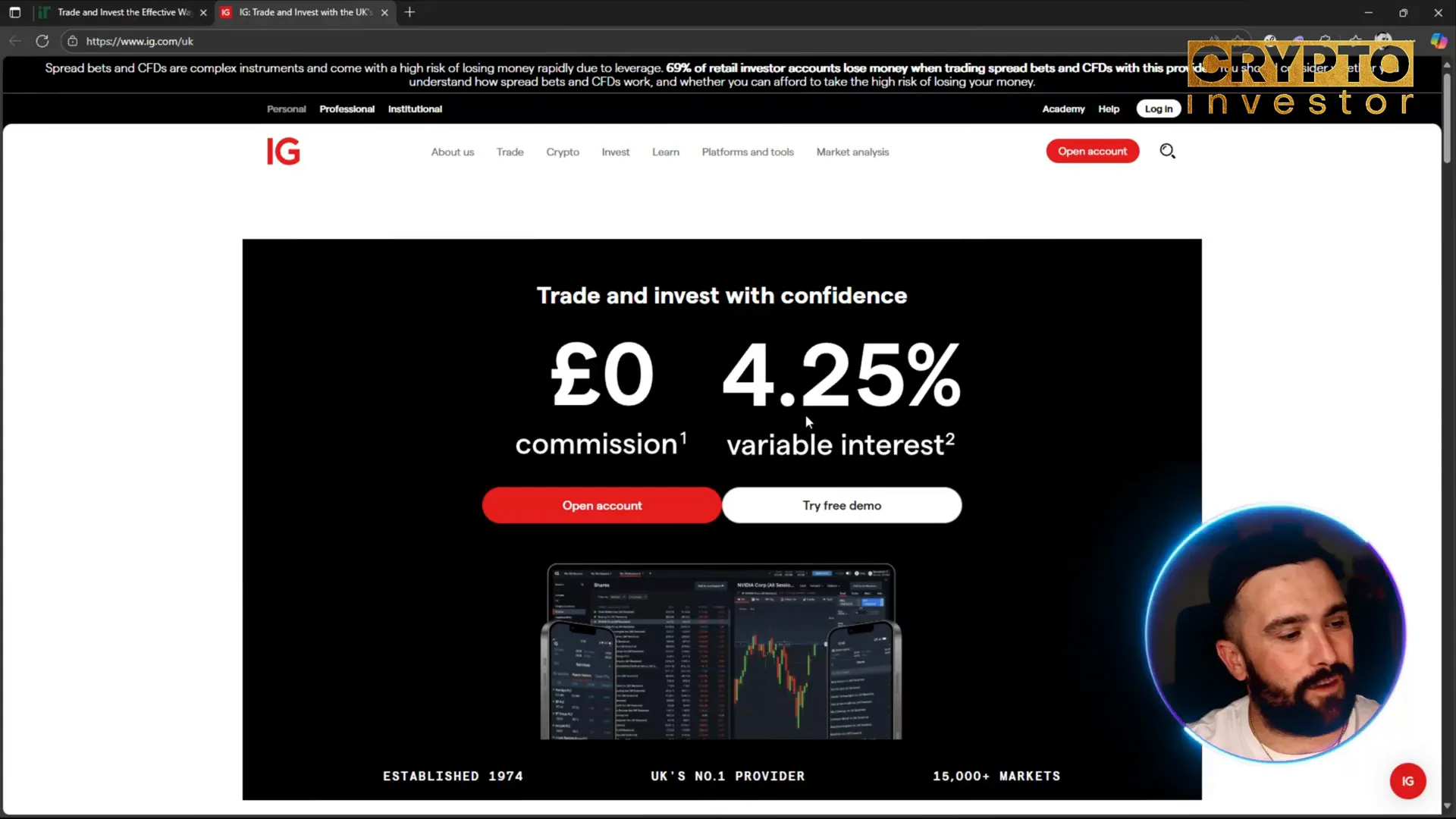 IG Markets homepage showing 0 commission and 15,000+ markets