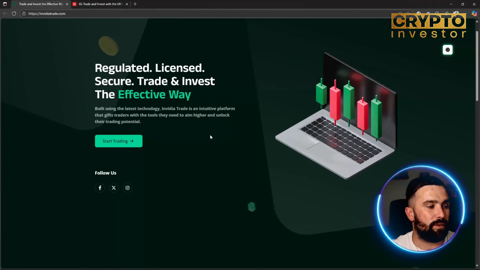 Invidiatrade platform dashboard showing pairs, stocks, crypto and account options