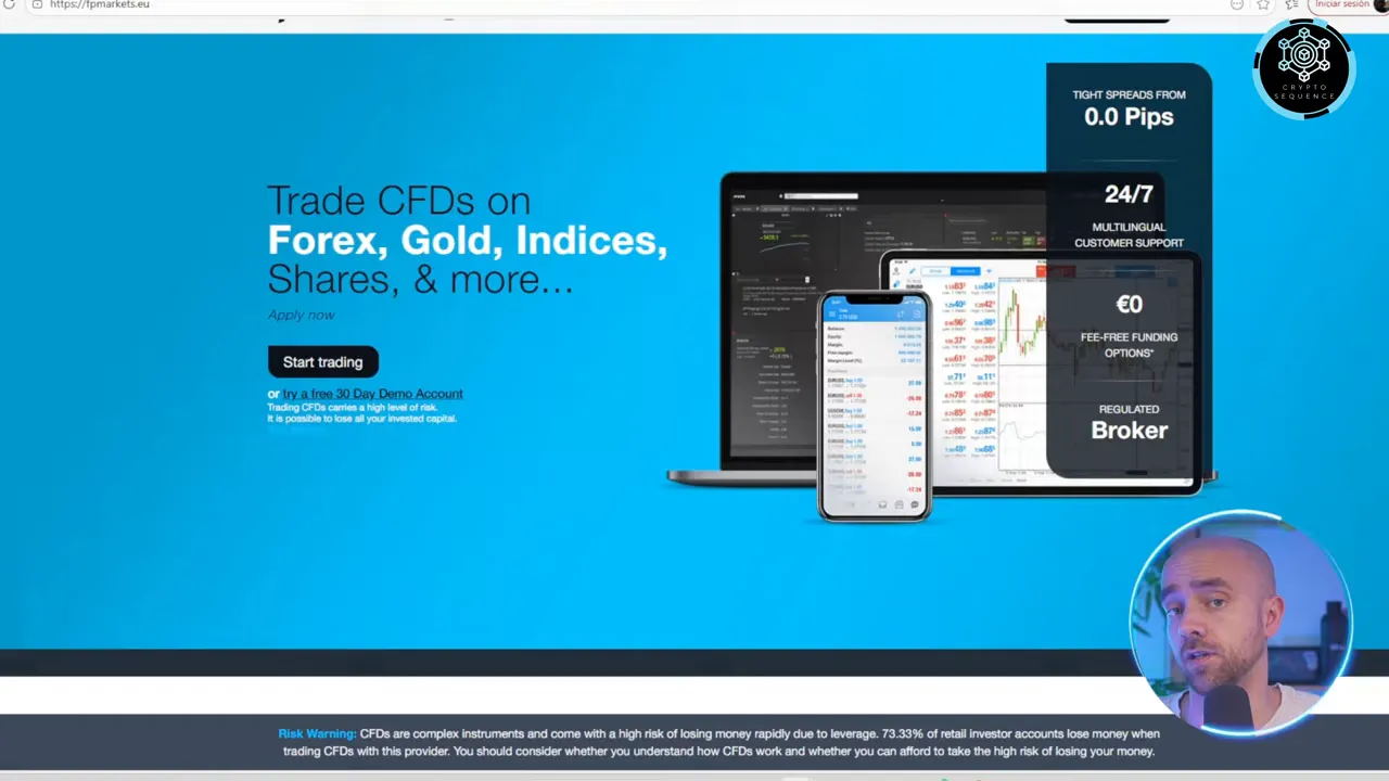 Captura clara de la página principal de FP Markets con el texto 'Trade CFDs on Forex, Gold, Indices', dispositivos que muestran las plataformas de trading y un pequeño recuadro del presentador en la esquina inferior derecha.