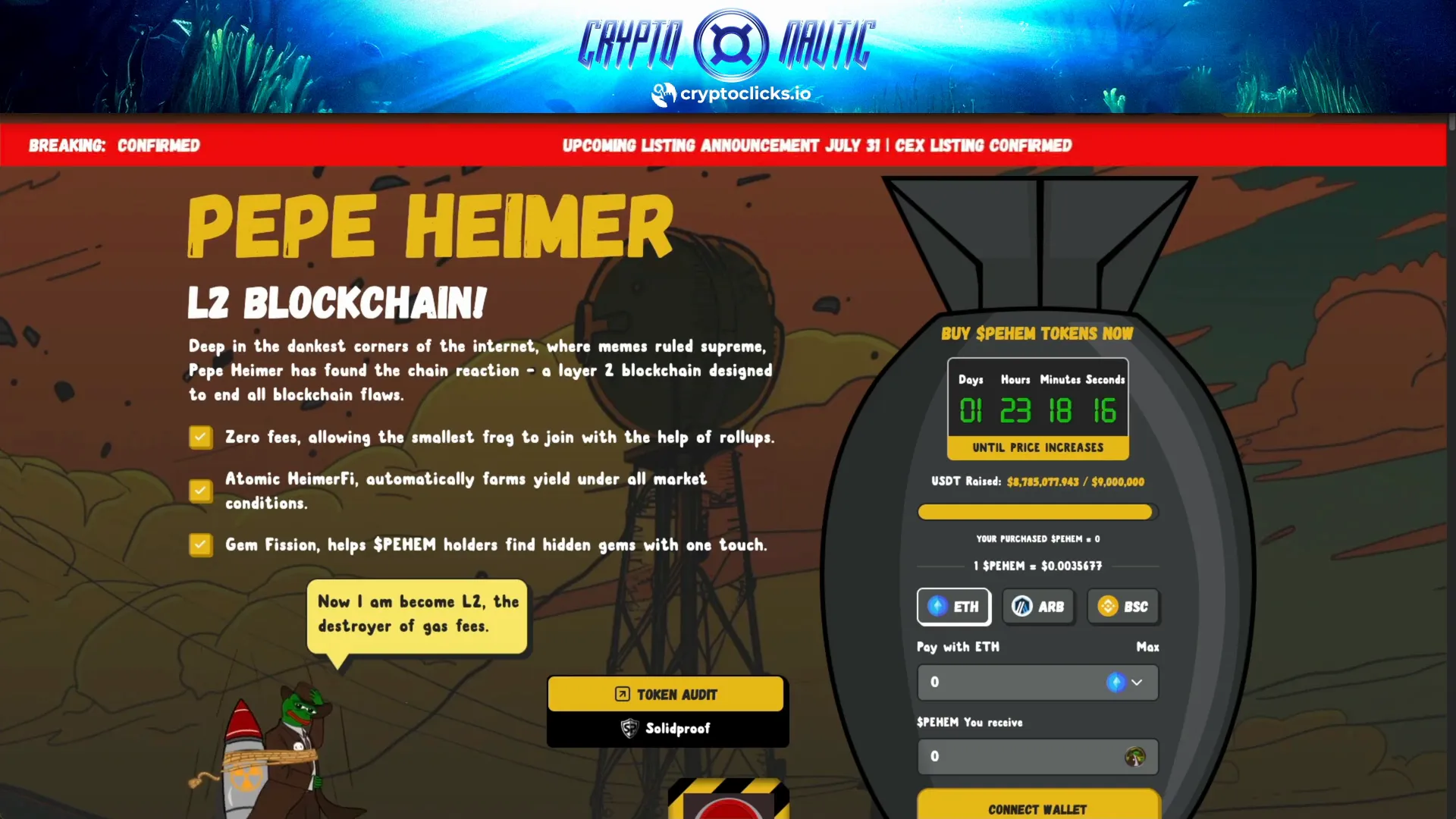 PepeHeimer.io homepage countdown and price increase timer