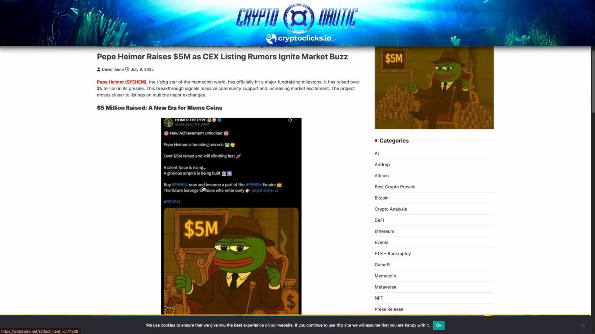 Crypto news article showing Pepe Heimer raising $5 million