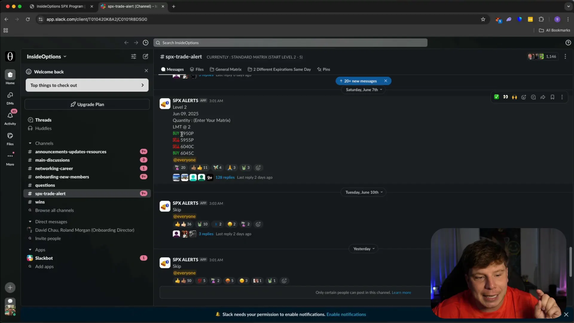 InsideOptions Slack channel showing SPX trade alerts