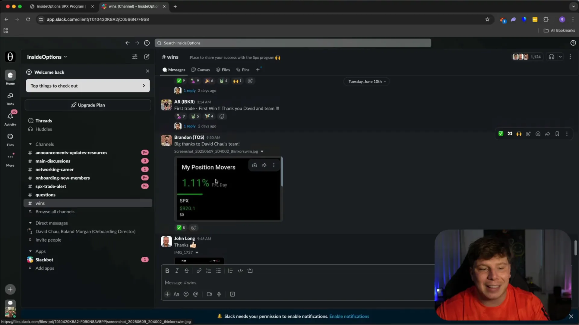 InsideOptions community members sharing trading wins