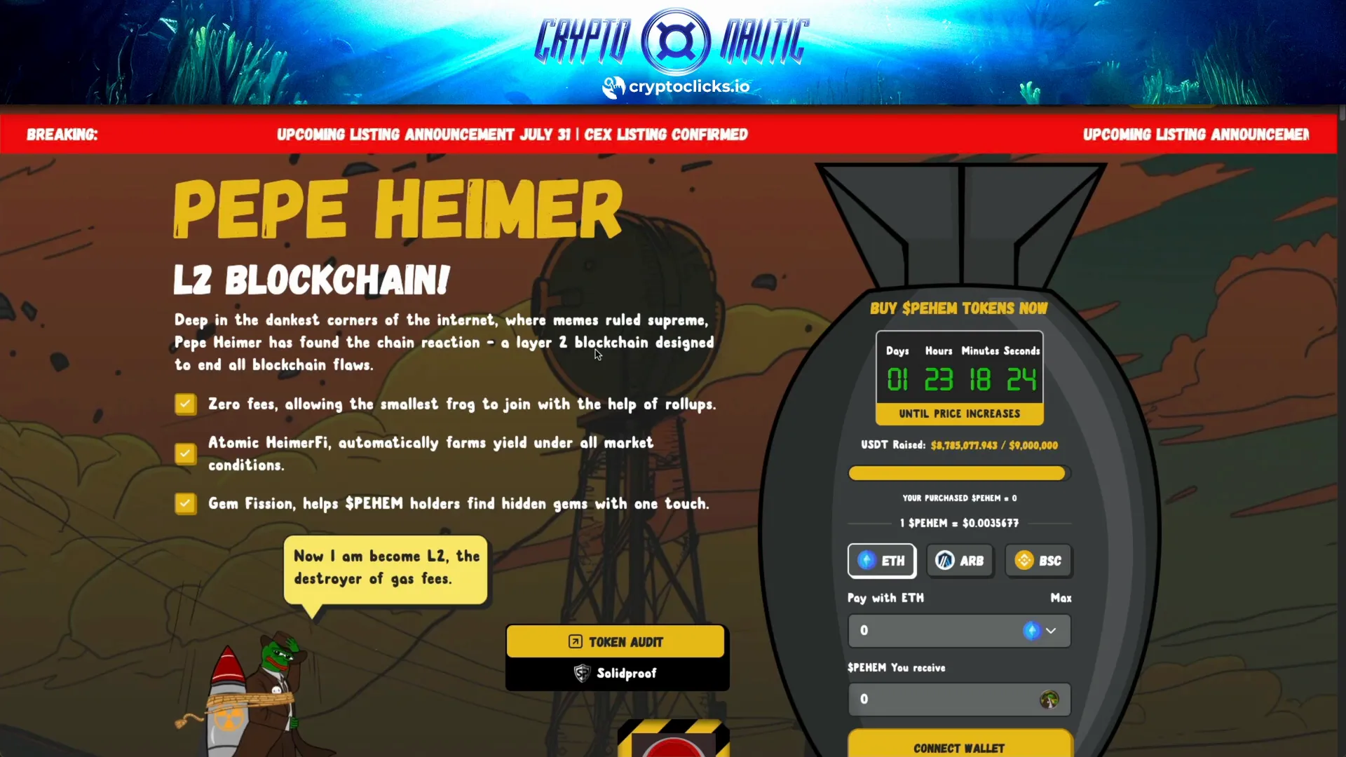 Pepe Heimer project homepage showing price increase countdown