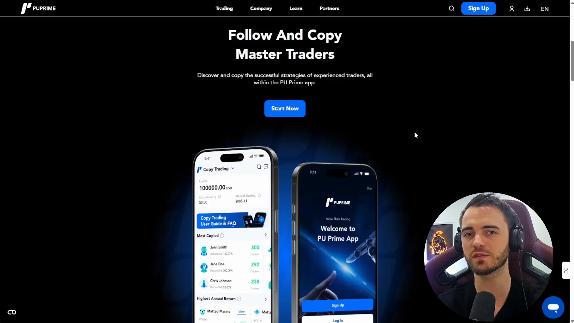 Screenshot of the copy trading feature on the PU Prime app