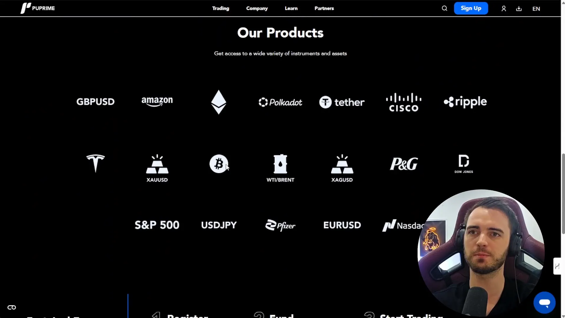 Screenshot showing various trading products available on PU Prime