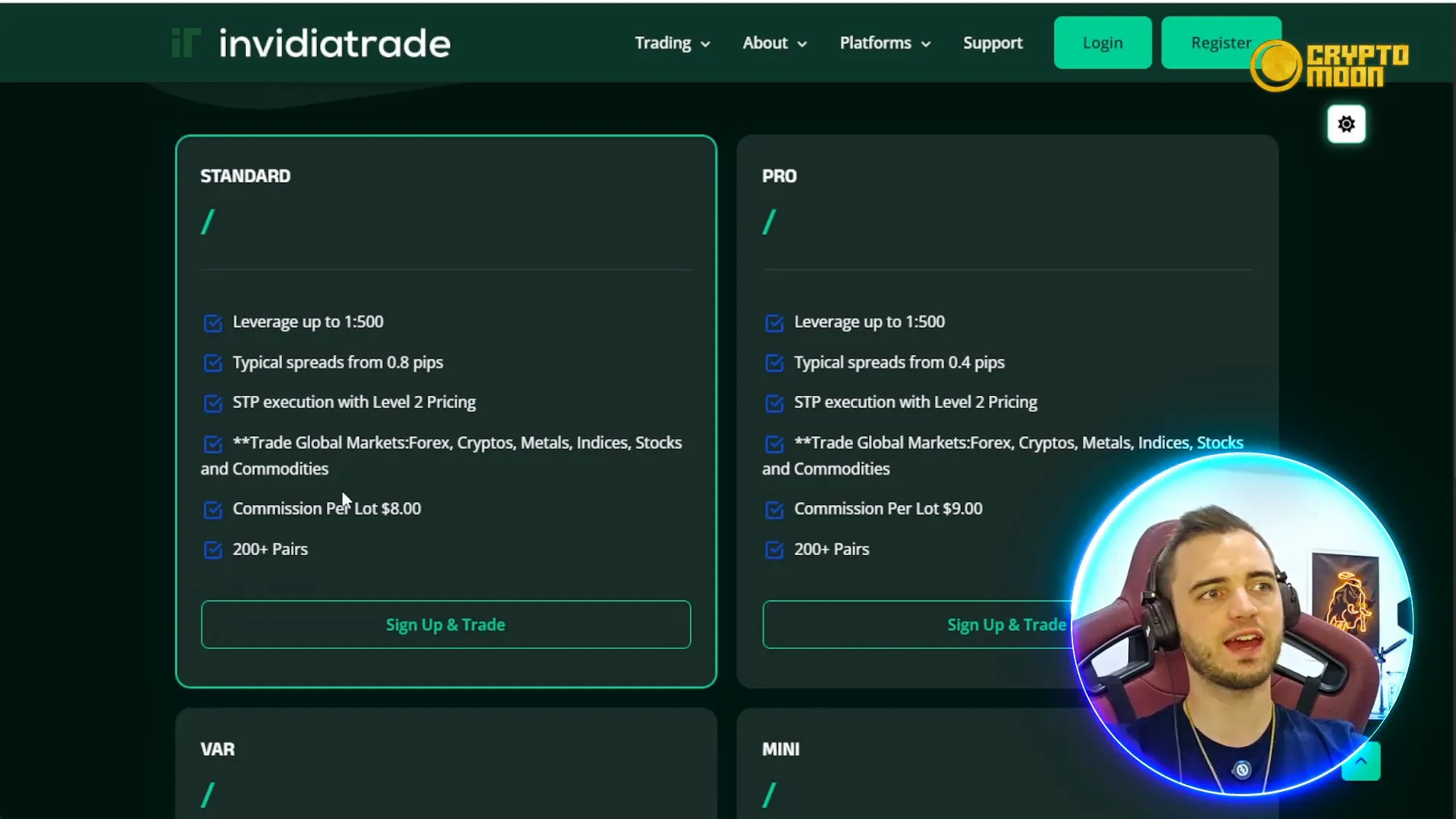 InvidiaTrade account types with leverage and fees details