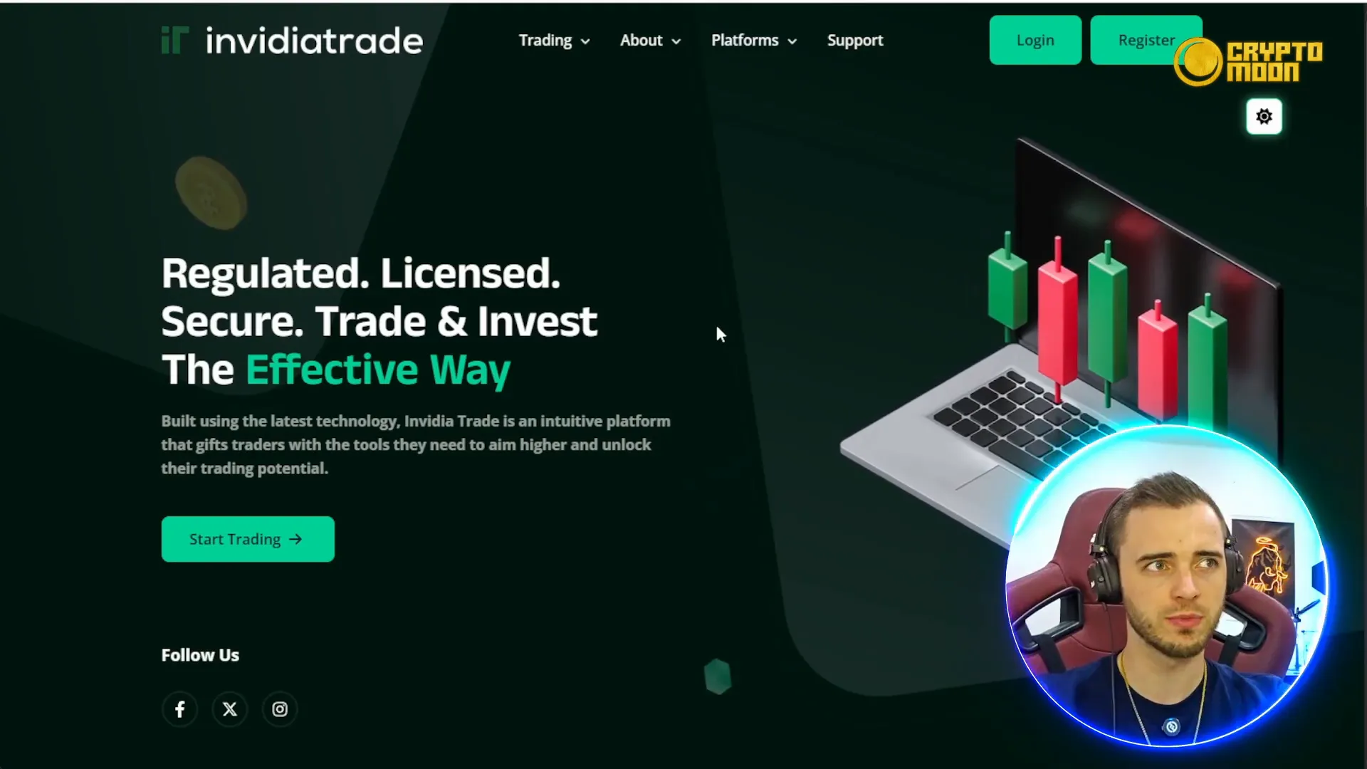 InvidiaTrade homepage with clear menu and platform options