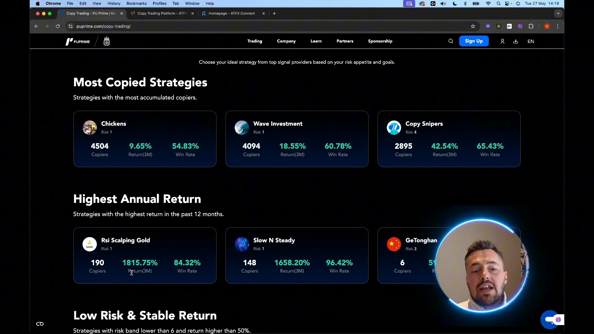 PU Prime mobile app interface showing copy trading dashboard