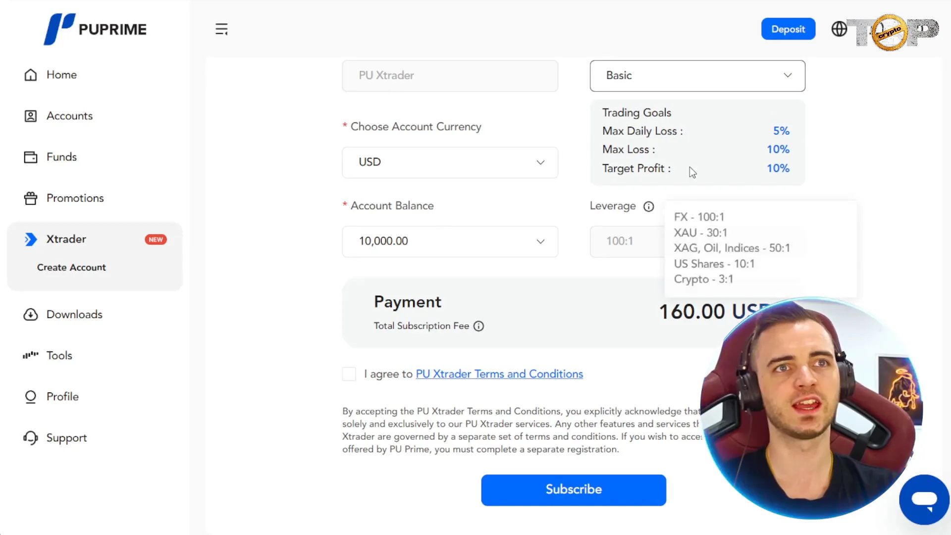 X Trader account options with balance and profit targets