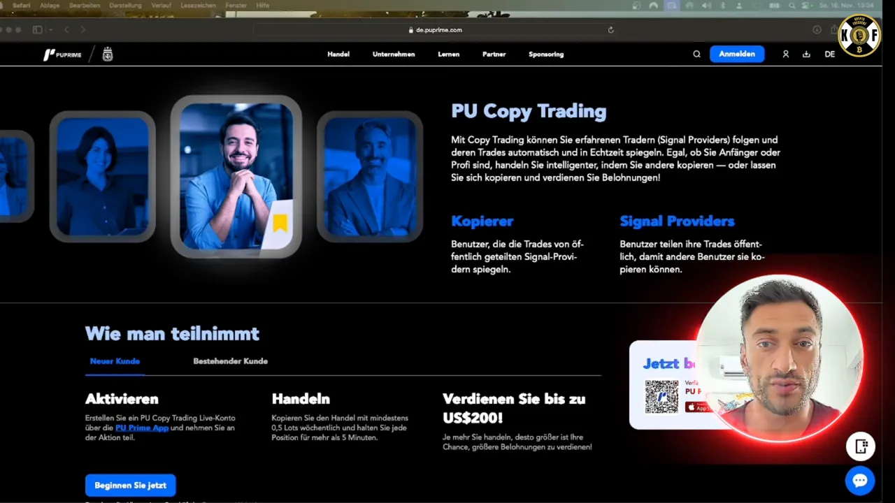 Klarer Screenshot der PU Prime Copy Trading Landingpage mit deutlich sichtbarer Headline, Erklärtext und Presenter-Overlay rechts.