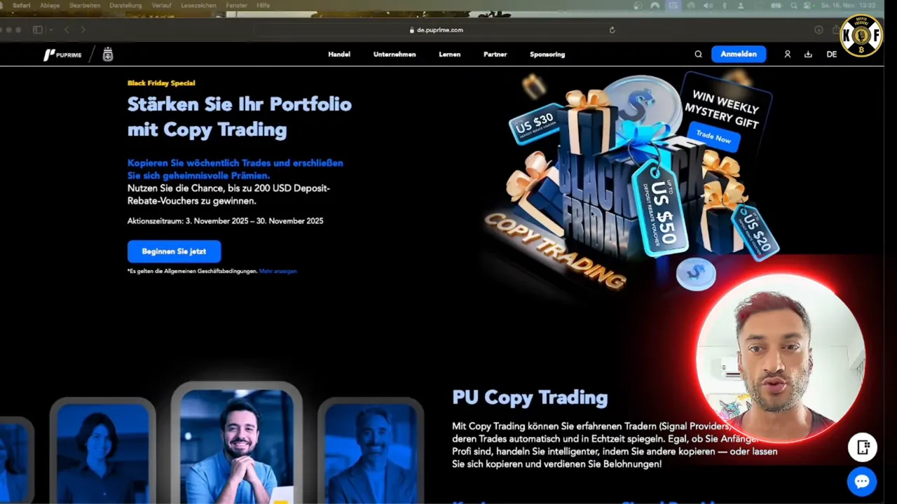 Bildschirmaufnahme der PU Prime Landingpage mit Black Friday Copy Trading Grafik und Aktionsdetails.