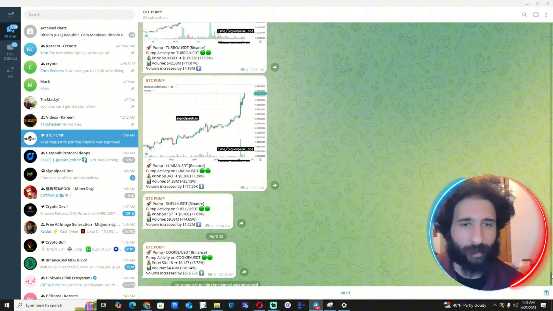 BTC pump group showing 7.29% gains and entry points