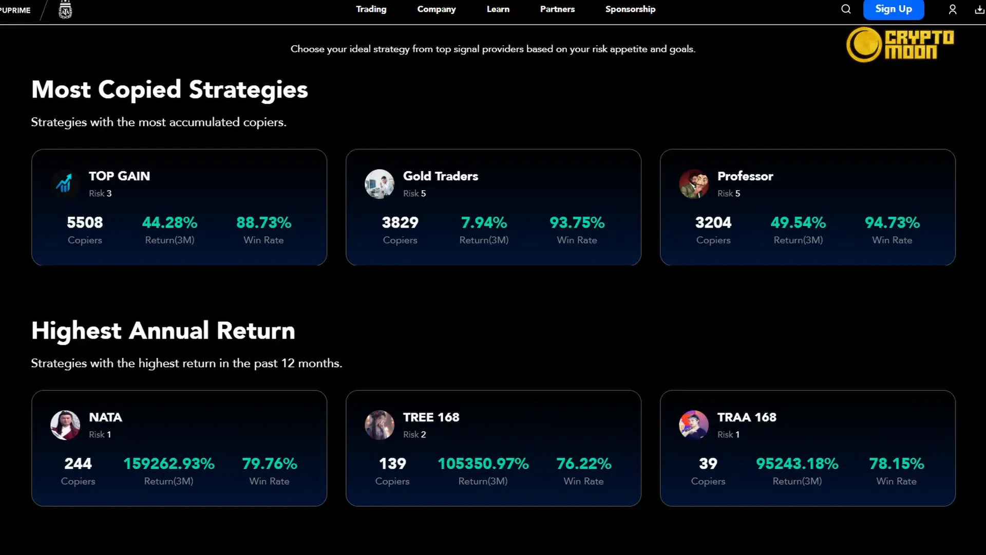 Copy trading dashboard showing signal providers