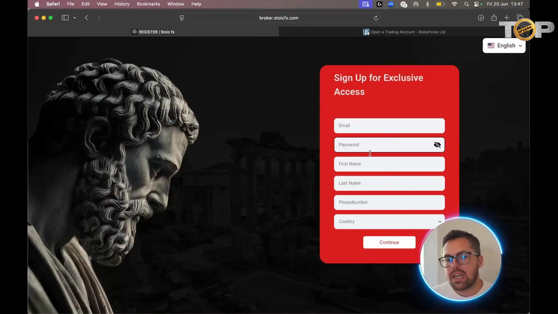 Stoic FX sign-up page showing simple registration form